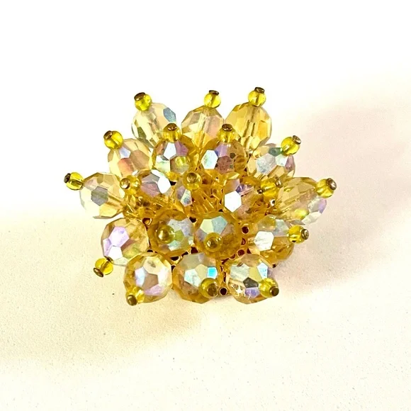 RELISTED Vintage Lemon Yellow Faceted Rhinestone and Brass Flower Brooch - Picture 8 of 14